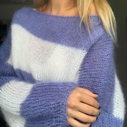 striped fluffy mohair sweater, oversized sweater, fuzzy chunky sweater, wool sweater, loose sweater, off shoulder knit