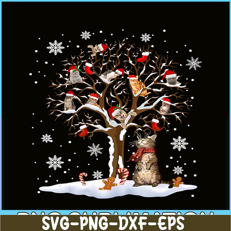 PNG141023121-Cats In Snow Tree Winter Christmas Santa Hat X-mas Gift T-Shirt Png.png