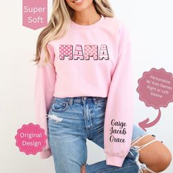 Personalized Mama Sweatshirt with Children Names, Custom Mama Shirt with Names on Sleeve, Valentines Day Sweatshirt Gift