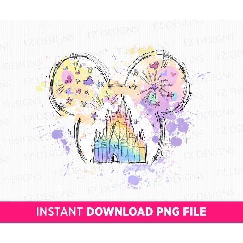 Watercolor Magical Kingdom Png, Retro Colorful Castle Png, Mouse Ear Castle Png, Balloons and Stars, Family Trip, Png File For Sublimation.jpg