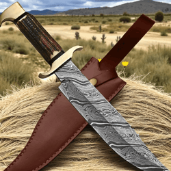 snake damascus bowie knife | deer horn handle | handmade full tang hunting & survival knife with leather sheath