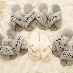 custom fluffy slippers, fluffy cross slippers, custom bride slippers, bride to be gift, bridesmaid gift, bachelorette pa
