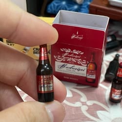 mini budweiser beer toy for pretend play, dollhouse accessory, miniature scene with mini beer bottle toys, super