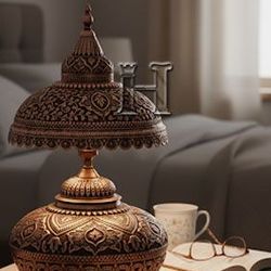 imperial hand-etched copper table lamp with dome shade – vintage copper finish bedside nightstand light, handmade engrav