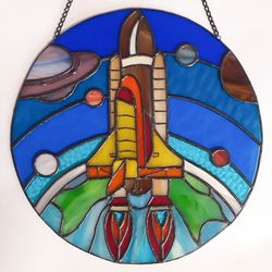 spaceship suncatcher, ufo stained glass, rocket stained glass window hangings, alien ornament, stained glass suncatcher
