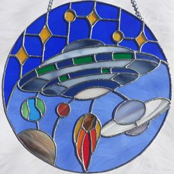 ufo stained glass panel, ufo stained glass, stained glass window hangings, alien ornament stained glass suncatcher