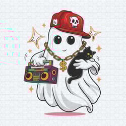 cute ghost with cat hip hop halloween png