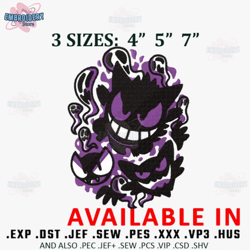 gengar evolution embroidery design, anime embroidery, anime design, anime shirt, embroidered shirt, digital download