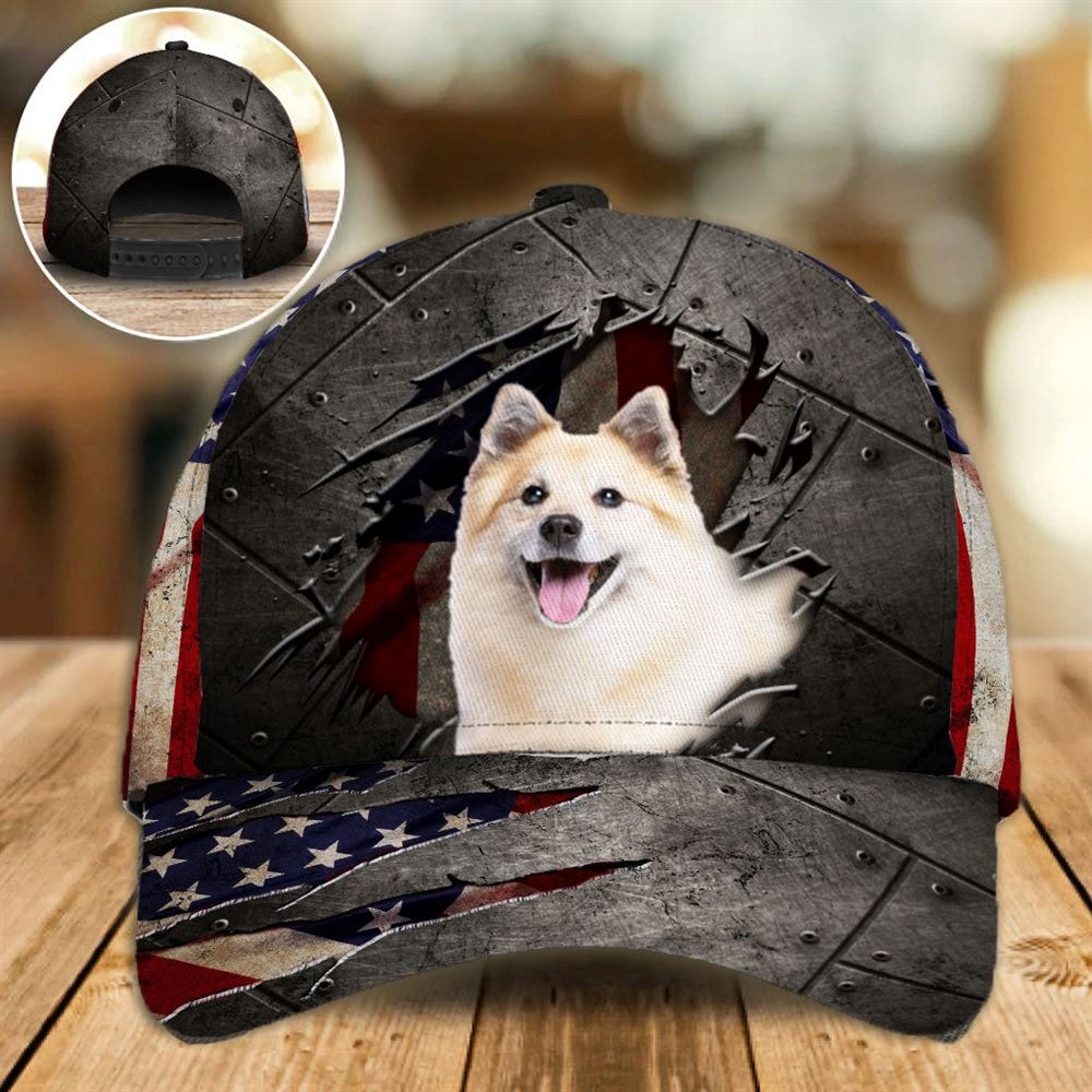 Icelandic Sheepdog On The American Flag Cap Custom Photo - Hats For Walking With Pets - Gifts Dog Hats For Relatives 1.jpg