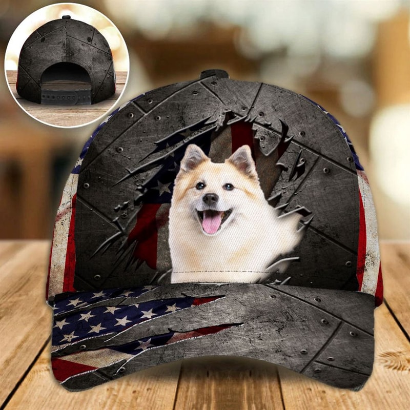 Icelandic Sheepdog On The American Flag Cap Custom Photo - Hats For Walking With Pets - Gifts Dog Hats For Relatives 1.jpg