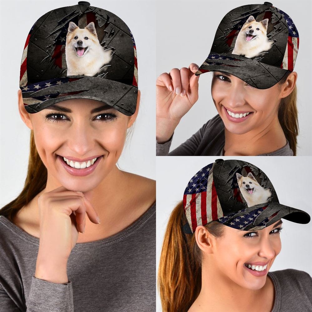 Icelandic Sheepdog On The American Flag Cap Custom Photo - Hats For Walking With Pets - Gifts Dog Hats For Relatives 2.jpg
