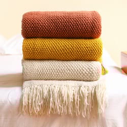 corn grain waffle embossed knitted blanket, textile city thickened winter warm throw with tassels, decorative bedspread