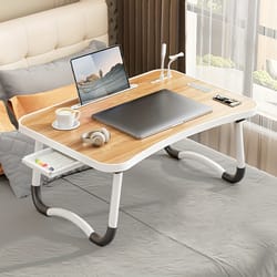 portable laptop desk with usb light & fan, foldable laptop table with cup holder, tablet slot & handle for work, study