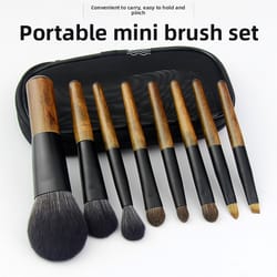mini travel makeup brush set with pouch, portable wooden handle cosmetic brushes for powder, blush highlighter eyeshadow