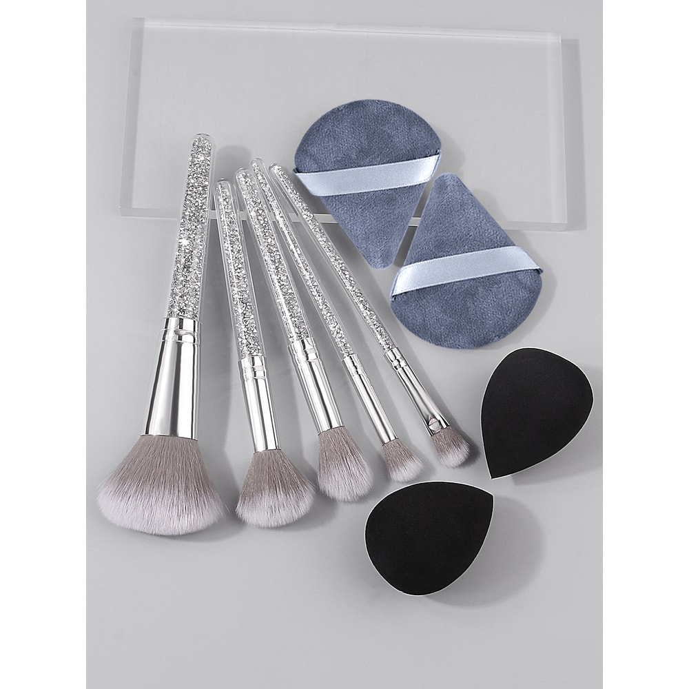 Makeup Brush Set with Diamond Handles, Soft Bristle Blush Eyeshadow Contouring Brush, Makeup Sponge Powder Puf