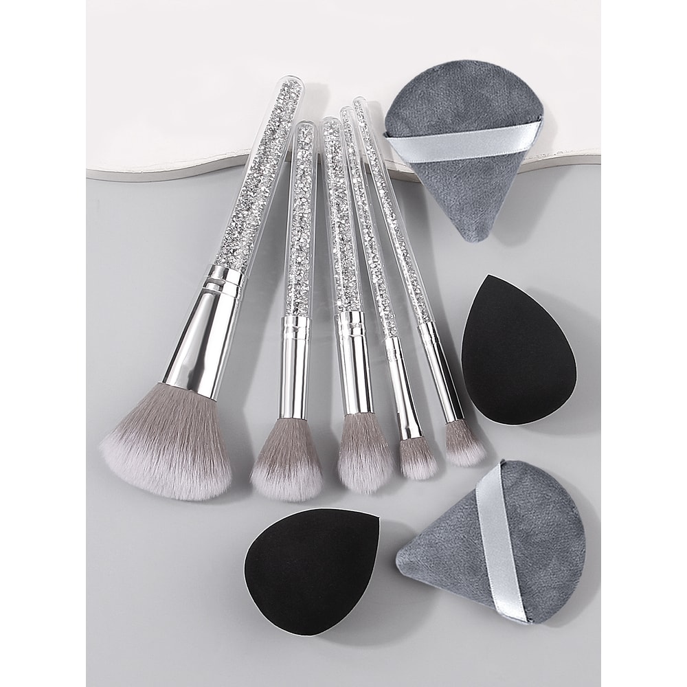 Makeup Brush Set with Diamond Handles, Soft Bristle Blush Eyeshadow Contouring Brush, Makeup Sponge Powder Puf