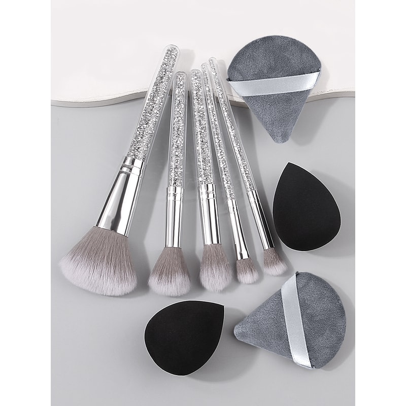 Makeup Brush Set with Diamond Handles, Soft Bristle Blush Eyeshadow Contouring Brush, Makeup Sponge Powder Puf