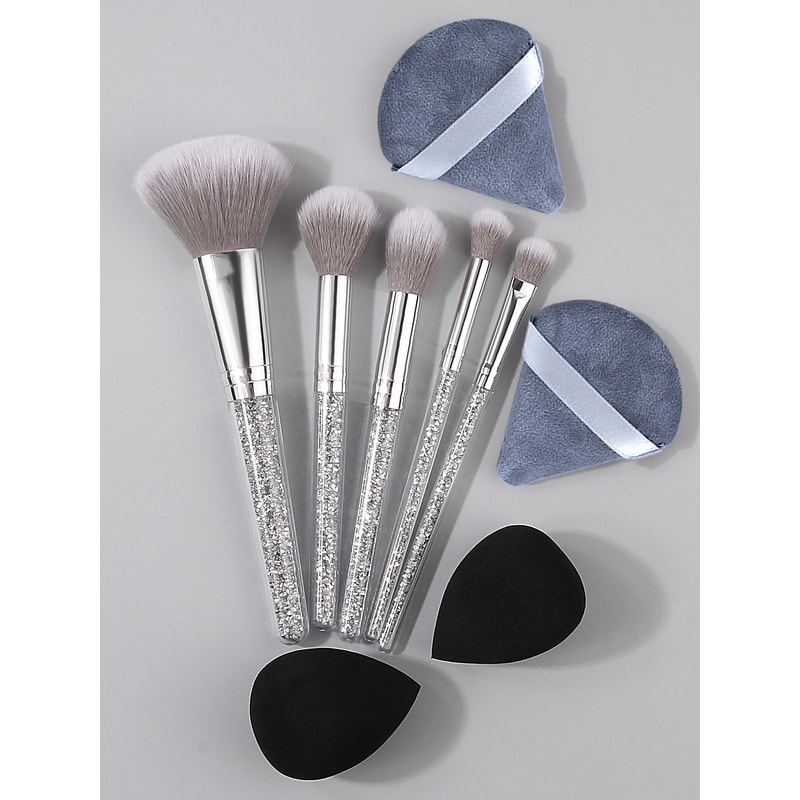 Makeup Brush Set with Diamond Handles, Soft Bristle Blush Eyeshadow Contouring Brush, Makeup Sponge Powder Puf