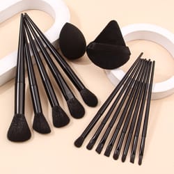 13pcs black makeup brush set with soft powder brush, portable makeup tools, 1pcs triangular puff, foundation sponge