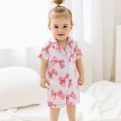 adorable infant princess bow satin pajama set, short sleeve button-up, jumpsuit for sweet toddler bedtime