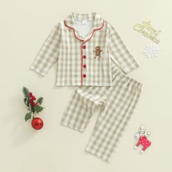 christmas infant baby plaid pajamas sets 2 piece, toddler gingerbread embroidery lapel long sleeve tops, pant loungewear