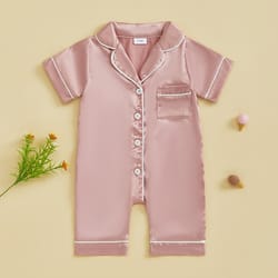 soft satin baby pajamas romper, patchwork turn-down collar short sleeve jumpsuit for newborn sleepwear