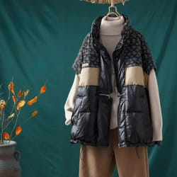 women's duck down vest, fashionable stand collar, contrast color splicing, loose fit, white fill, winter wear