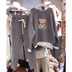 women's fleece lined tweed sport suit, autumn winter two piece set, casual fashionable and slimming outfit