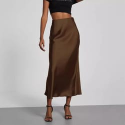 elegant womens midi skirt, satin texture, versatile solid color, style fashion