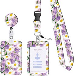 floral retractable badge reel, long lanyard phone rope, id and credit cards holder cover for women