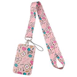 pink credit card holder, nurse id badge holder with lanyard, doctor, student, travel, business card cover