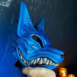 Japanese Kitsune mask, Blue Kitsune mask Anime cosplay, the nine tail fox, Japan Blue Fox mask wearable
