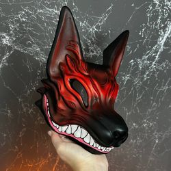Red Kitsune mask Wearable, Black and Red fox mask, Japanese Kitsune mask Cosplay, Fox demon mask, Wolf mask