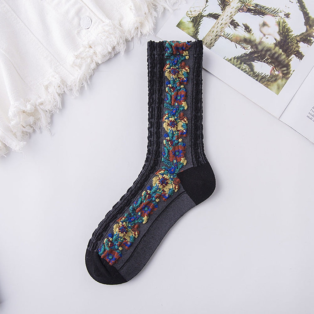 Vintage Embroidered Floral Socks Black
