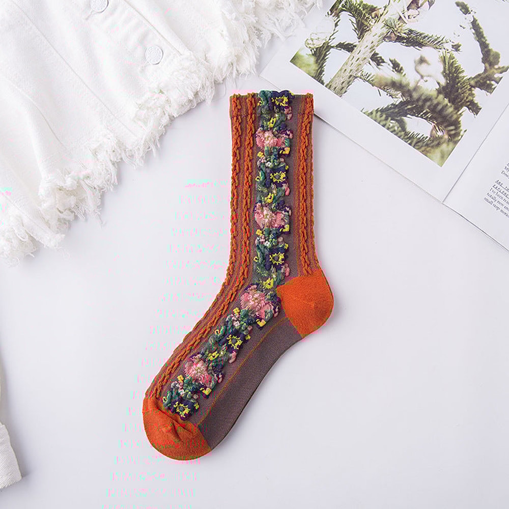 Vintage Embroidered Floral Socks Red