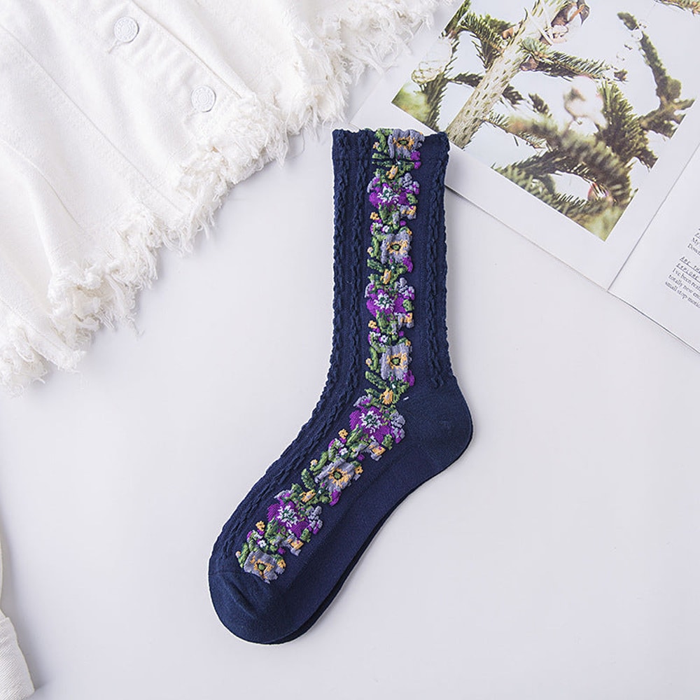 Vintage Embroidered Floral Socks Navy