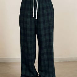 casual women plaid print pants, high waist wide leg pants lady green, autumn winter baggy pants ladies trousers