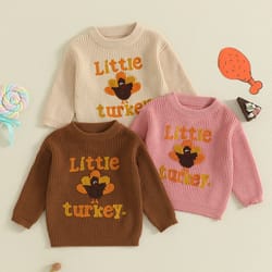 baby thanksgiving sweater, cozy fall long sleeve knit top with turkey embroidery and crewneck design for infants