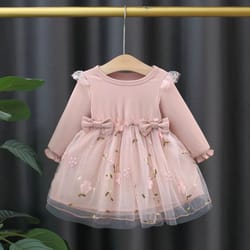 fashion autumn spring toddler baby dress round neck knit long sleeve with flower embroidery casual pink baby dress