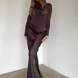 turtleneck satin hollow out zipper maxi dress women black patchwork long sleeve slim elegant party evening dress sexy