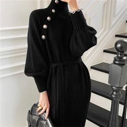 elegant dresses for women robe sweater maxi dress female thick knitted one-piece turtleneck buttons lace up autumn