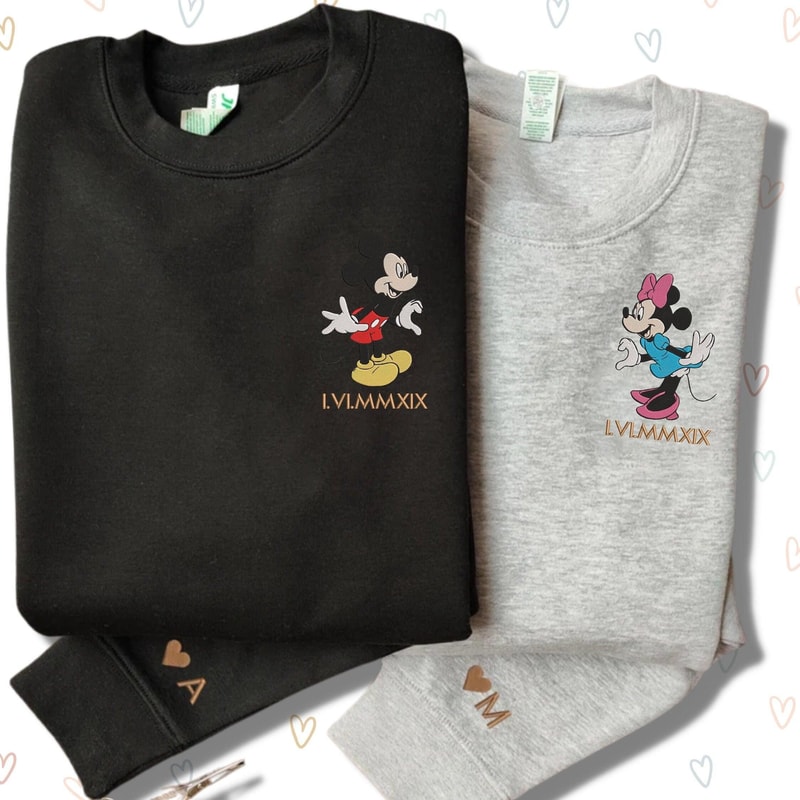Custom Mickey and Minnie Embroidered Sweatshirt, Mouse Couple Cartoon Characters Hoodie, Matching Couple, Valentines Day Gift For Couple.jpg