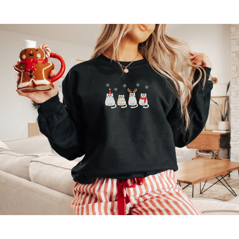Embroidered Christmas Cats Sweatshirt Christmas Crewneck Embroidered Sweatshirt Gift For Her.jpg