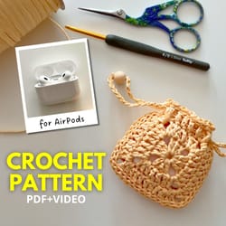 easy crochet airpods case pattern, straw raffia pouch, granny square earphone case for beginners