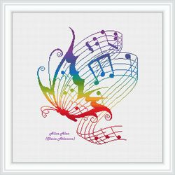 Cross stitch pattern Music Butterfly silhouette notes staff treble clef rainbow counted crossstitch patterns Dowload PDF