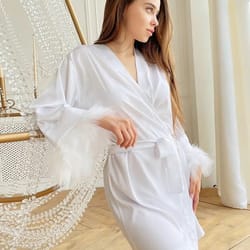 white feather robe with fur, satin sleepwear robes for women, full sleeves nightgown, bride robe gown dress