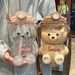 drinking kettle, tumbler with straw kawaii water, bottle for girl kid outdoor, cute bear cup various modes of fun