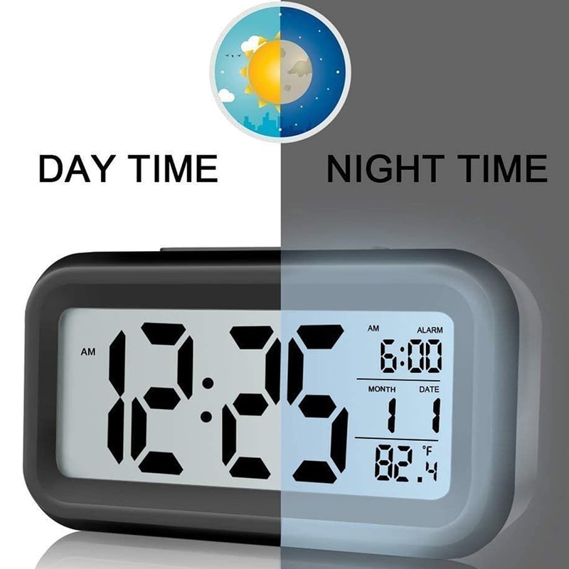 Battery Operated Digital Alarm Clock With Indoor Temperature Light Sensor Backlight Display For Bed 1