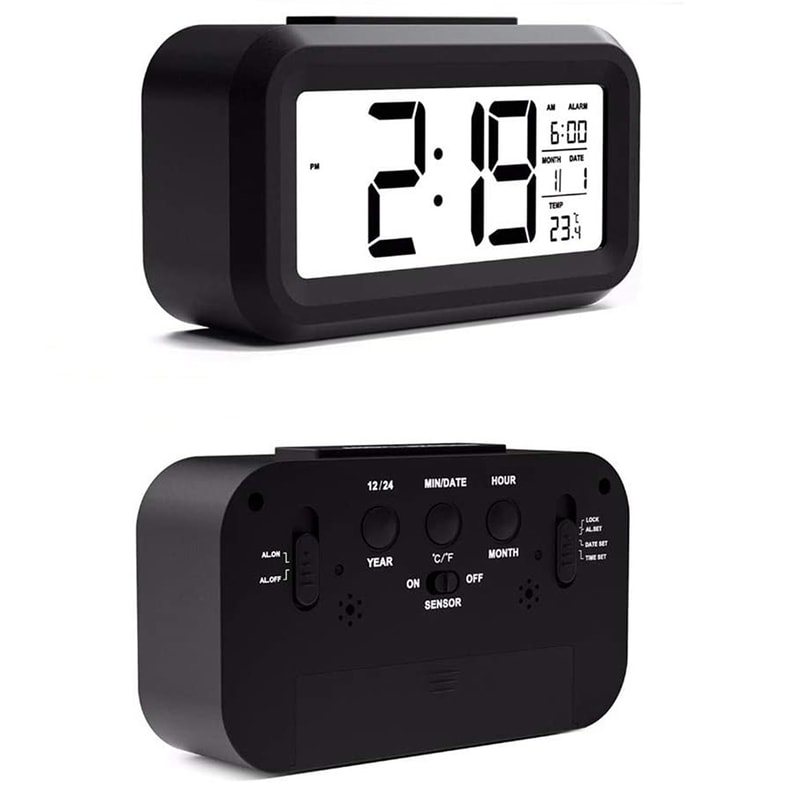 Battery Operated Digital Alarm Clock With Indoor Temperature Light Sensor Backlight Display For Bed 2