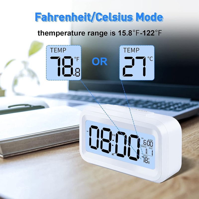 Battery Operated Digital Alarm Clock With Indoor Temperature Light Sensor Backlight Display For Bed 3